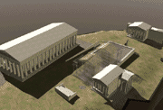 Aerial view of the virtual reality Acropolis massing model; showing the Old Athena Temple ghosted.
