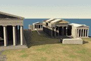 View of the virtual reality massing model, looking east, showing the Old Athena Temple in ruins.