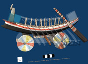 Rendering from the virtual reality model of the as-reconstructed Gurob ship, showing a button at the lower left to turn on the user controls; © 2007 Institute for the Visualization of History, Inc.