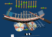 Rendering from the virtual reality model of the as-reconstructed Gurob ship, showing the user controls turned on so that various elements of the ship can be moved to visualize alternative designs; © 2007 Institute for the Visualization of History, Inc.