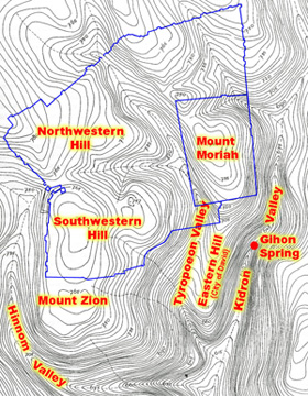 Topographic plan of Jerusalem labeled with the major features and (in blue) showing the outline of the old city walls.
