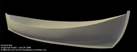 Rendering from our 3D model of the Kyrenia hull, based on the lines drawings of J. Richard Steffy; © 2004 Institute for the Visualization of History, Inc.