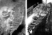 On the left, the Kyrenia shipwreck hull remains after the cargo had been excavated away; on the right, the reassmbled timbers on display in the local museum; © 1968 Robin C. M. Percy & Susan W. Katzev.