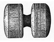 Drawing of toggle, or ‘yo-yo,’ W7 showing its probable original form (c.8.2cm high; made from heartwood; function unknown); © 1979 Susan W. Katzev.
