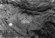 Aerial view of the citadel of Mycenae; © 2001 Christophilis Maggidis. labels: 1--Lion Gate; 2--Grave Circle; 3--Megaron / palace; 4--Artisans' Workshops