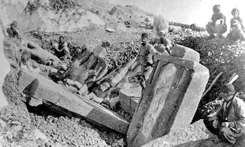 Workers from the 19th- century Turkish excavation team studying the West Terrace dexiosis reliefs; photograph from Hamdy Bey and Effendi 1883.