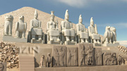 Detail rendering of the East Terrace podium showing the line of dexiosis reliefs and colossal statues, extracted from the virtual reality model of the site; © 2011 Learning Sites, Inc. (used with permission)