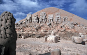 View of the excavated remains of the East Terrace, looking west toward the great podium and the tumulus; © 1985 Donald H. Sanders; used with permission.