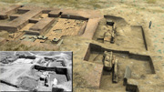 Rendering and matching photograph showing progress in building the Learning Sites 3D model of the as-excavated remains of the so-called Ashur-nasir-pal building of the Central Palace area, to be used as the basis for a 3D reconstruction of the structure; © 2005 Learning Sites, Inc.