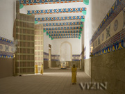 Rendering looking east down the length of the Throne Room showing what the room would have been like from a visitor's viewpoint; from the Learning Sites virtual reality model of the palace complex; © 2011 Learning Sites, Inc.