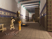 Rendering showing the king ascending to his throne; from the Learning Sites virtual reality model of the palace complex; © 2011 Learning Sites, Inc.