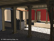 Rendering looking from Room ‘l’ northwest across the courtyard of the House of Many Colors, from the virtual reality model of the building; image courtesy of and © 1999 Learning Sites, Inc.