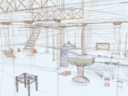 Wireframe view from the computer model of the interior of the House of Many Colors, Olynthus, Greece; © 2001 Learning Sites, Inc.; used under license agreement.