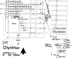 Site plan of Olynthus, showing the largest extent of the city, the major sectors, possible fortification wall, and the House of Many Colors; adapted from N. Cahill 1999:fig. 24; used with permission.