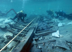 View along the keel of the remains of the Tantura B wreck being excavated photo 
©1996 Institute of Nautical Archaeology - used with permission.