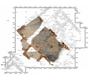 Traditional drawn trench plan overlaid with photos showing the remains for Late Helladic I, Phase 2C, and the extensive walls and floors of the West House; © 1999 Learning Sites, Inc.