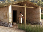 Rendering showing the exterior of the West House at Tsoungiza as it may have originally appeared during the Late Bronze Age; from the virtual reality reconstruction of the building; © 2004 Learning Sites, Inc.