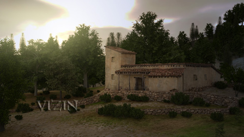 view of the Vari farmhouse and environs extracted from the virtual reality model of the site; © 2011 Learning Sites, Inc.