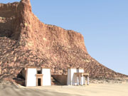 Rendering from the 3D computer model showing Temples B200 and B300 (with the columns) and their relation to the gebel; ©2003 Learning Sites, Inc