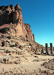 View of the remaining exterior pieces of B300, including two restored Hathor columns; ©1999 Timothy Kendall, used with permission.