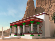 Rendering from the virtual reality model of Temple B700 in context, looking west toward the gebel and Temples B300 and B200 in the distance; ©2004 Learning Sites, Inc