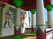 Rendering from the virtual reality model of Temple B700 showing the porch and pylon wall decoration; ©2004 Learning Sites, Inc.