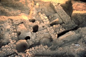 Aerial view of trench EU5 showing some of the massive walls from House A; © 1986 Nemea Valley Archaeological Project.