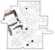 Traditional drawn trench plan overlaid with photos for Early Helladic II, Developed, Phase I, showing the massive walls of House A; © 1997 Learning Sites, Inc.