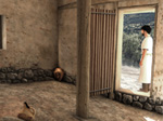 Rendering showing the interior of the main room in the West House at Tsoungiza as it may have originally appeared during the Late Bronze Age; from the virtual reality reconstruction of the building; © 2004 Learning Sites, Inc.